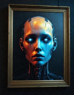 The primary subject of the image is a close-up of a robot's face, with a blue and orange color scheme. The robot's face is surrounded by a black background, giving it a futuristic and technological appearance. The visual style of the image is a digital art or illustration, as it is a detailed and intricate representation of the robot's face. The colors and mood of the image are vibrant and dynamic, with the blue and orange hues evoking a sense of energy and technology.